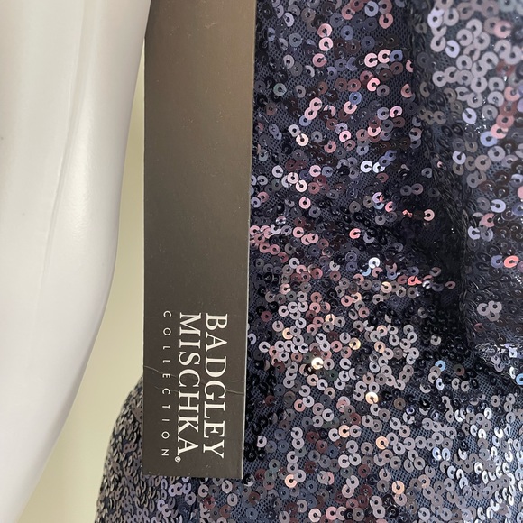 Badgley Mischka Navy Cap-Sleeve Sequin Drape Back Gown - Picture 9 of 11